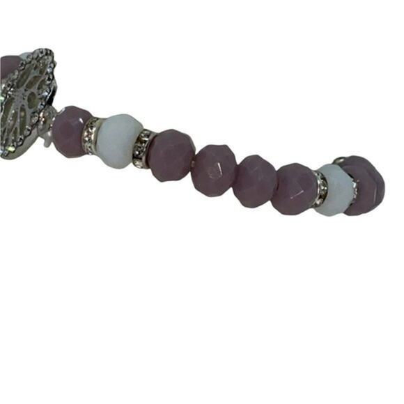 Purple White Beaded Silver-Tone Tree of Life Pendant Rhinestone Stretch Bracelet - Picture 3 of 9